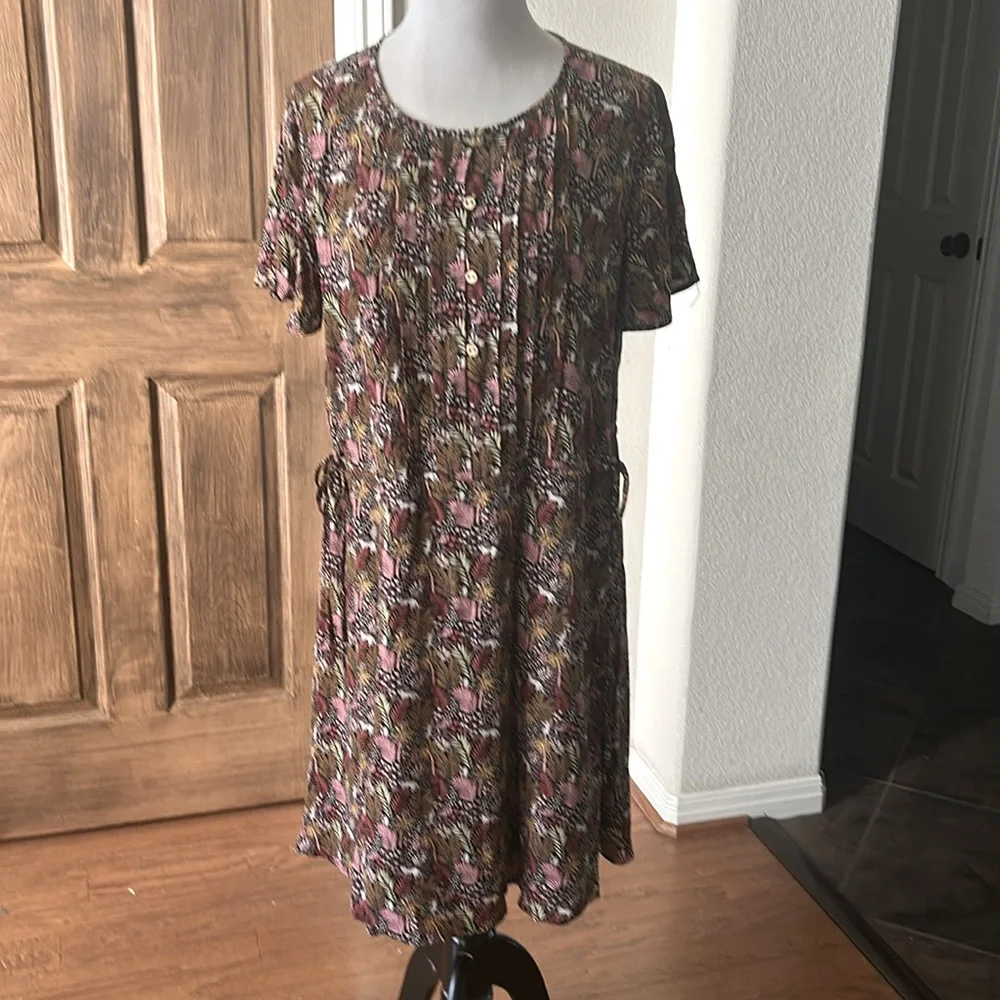 Ann Taylor LOFT Paradise Lost Jungle Safari Dress Pintuck Size Large Brown Pink - Picture 2 of 13
